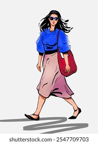 Vetor plana moda ilustração personagem feminina elegante andando em moderno suéter azul casual óculos de pano isolados. Linda senhora em elegante roupa Street fashion look Criativo desenhos animados arte EPS 10