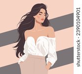 Vector flat fashion illustration, young sexy woman with long dark hair in a stylish blouse with bare shoulders and pants. Modern woman boss.
