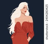 Vector flat fashion illustration, young blonde woman with long hair in a stylish red jumpsuit with bare shoulders.
