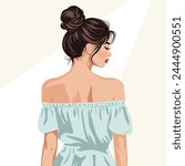 Vector flat fashion illustration of a young beautiful woman with a messy bun of hair on her head, wearing an elegant dress with bare shoulders. Back view.
