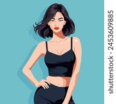 Vector flat fashion illustration of a young sexy woman in a black short sports top and leggings.

