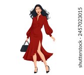 Vector flat fashion illustration of a young pretty woman in an elegant red dress with puff sleeves and a slit on the leg.
