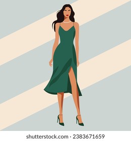 Ilustración de moda vectorial plana, una joven y elegante mujer con una bella figura en un elegante vestido de noche con hombros desnudos y una cortina.
