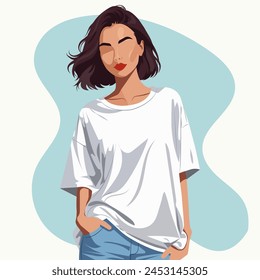 Vector flat fashion illustration of a young woman with short hair wearing a comfortable oversized T-shirt and shorts.
