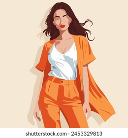 Vector flat fashion illustration of a young beautiful young woman in comfortable stylish summer clothes.

