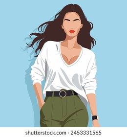 Vector flat fashion illustration of a young beautiful young woman in comfortable stylish clothes.
