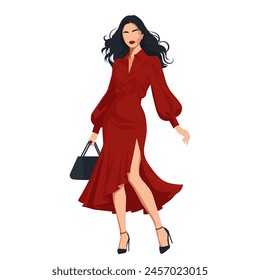 Vector flat fashion illustration of a young pretty woman in an elegant red dress with puff sleeves and a slit on the leg.
