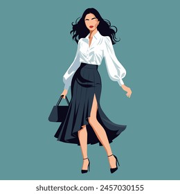 Vector flat fashion illustration of a young successful woman wearing an elegant white blouse and black skirt with a high waist and a slit on the leg.
