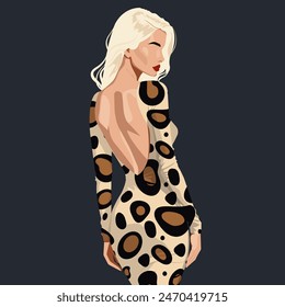 Ilustración plana de Vector de una mujer rubia joven con un elegante vestido de leopardo sin espalda.
