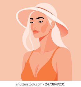 Ilustración plana de Vector de una mujer hermosa joven en un sombrero, arte elegante en tonos pastel.
