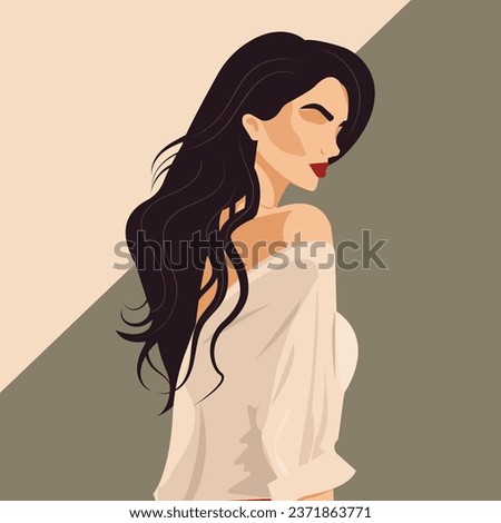 Vector flat fashion illustration, young dark-haired woman with a beautiful figure posing in a stylish pink blouse with bare shoulders.
