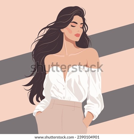 Vector flat fashion illustration, young sexy woman with long dark hair in a stylish blouse with bare shoulders and pants. Modern woman boss.
