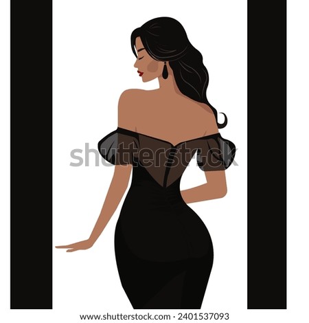 Vector flat fashion illustration, young sexy woman in an elegant black backless dress. Back view.
