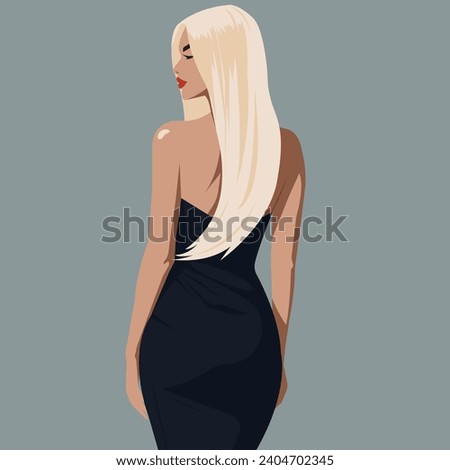 Vector flat fashion illustration, young sexy blonde girl in a stylish modern backless dress with bare shoulders. Back view.
