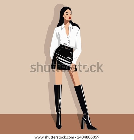 Vector flat fashion illustration, young sexy woman in a classic white blouse and black skirt with a slit.
