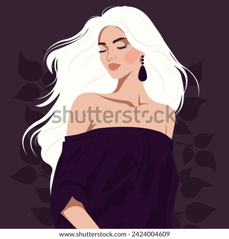 Vector flat fashion illustration of a young blonde girl with long hair in a dress with bare shoulders.

