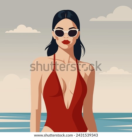 
Vector flat fashion illustration of a young sexy tanned woman in sunglasses and a swimsuit standing in the water.