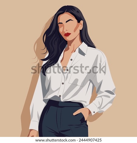 Vector flat fashion illustration of a young woman with an abstract face wearing a classic white shirt and dark trousers. Modern woman boss.

