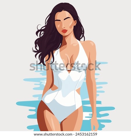 Vector flat fashion illustration of a young beautiful sexy woman in a stylish white swimsuit on the beach.
