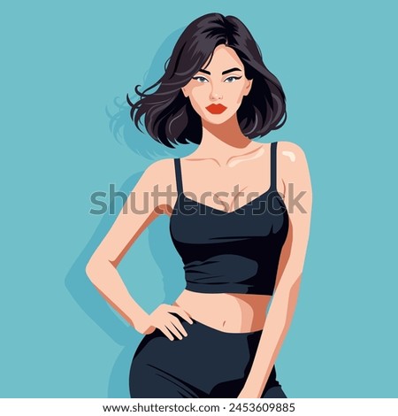 Vector flat fashion illustration of a young sexy woman in a black short sports top and leggings.
