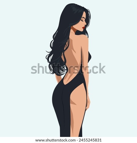 Vector flat fashion illustration of a young sexy girl in a stylish backless dress with a slit on the leg. Back view.
