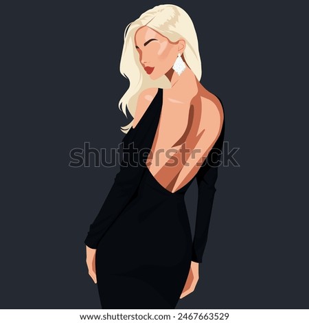 Vector flat fashion illustration of a young sexy blonde woman in an elegant backless dress. Back view. 
