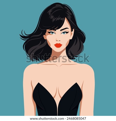Vector flat fashion illustration of a young sexy woman in a black dress with bare shoulders.