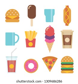 Vector flat fast food icon set. Hamburger, ice cream, tea, coffee, fries, soda, donut, pizza.