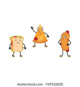 vector flat fastfood characters set. Humanized hotdog snack with mustard, sandwich and pizza slice with face, arms and legs smiling for kids restaurant menu. Isolated illustration