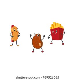 vector flat fastfood characters set. Humanized hotdog snack with mustard, potato fries in box , beef meat steak with face, arms and legs smiling for kids restaurant menu. Isolated illustration
