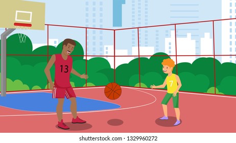Vector Flat Father in City Park Basketball Court Teaches Son Play Ball. Active Sports Active Healthy Good Lifestyle. Father African American Happy Joyful with Child Spend Time Playing Basketball.