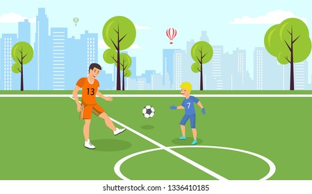 Vector Flat Father Playing Ball with Son in Park Fresh Air. Balloons Fly Sky Background Big City. Warm Weather and Summer Time in Weekend Dad Teaches Kid Play Football Stands Gate.