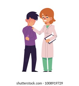 vector flat female doctor touching man in Psychiatric hospital or at psychiatrist mental patient suffering from depression anxiety. Isolated illustration on a white background. Mental illness concept