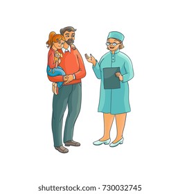 vector flat female doctor wearing medical clothing holding clipboard giving the information to man father hloding teen girl kid with toy in hands. Isolated illustration on a hite background.