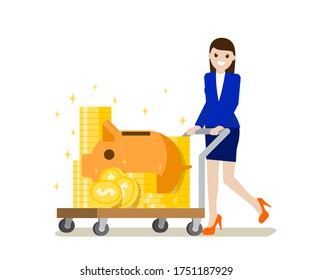 Vector flat female with money illustration, save money concept 