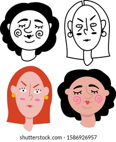 Vector flat female portraits. Set of portraits isolated on white background. Simple cute characters. Flat cartoon vector illustration.
