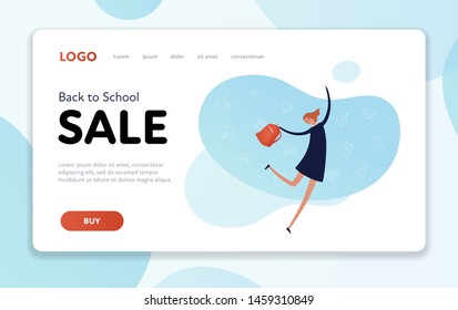 Vector flat female school banner template. Happy girl with discount symbol shopping bag fluid frame isolated on white background. Design for autumn sale for web university, college, supplies, landing