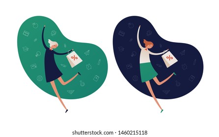 Vector flat female school banner template set. Happy girl with shopping bag fluid frame with icons isolated on white background. Design for autumn sale for web university, college, supplies, ads