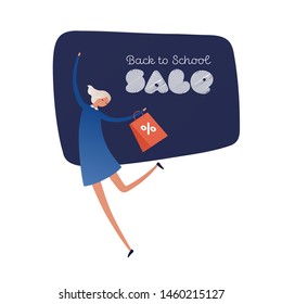 Vector flat female school banner. Happy girl with discount symbol shopping bag and board frame isolated on white background. Design for autumn sale for university, college, supplies, equipment