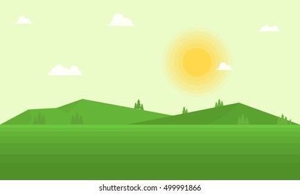 Vector flat field and mountain landscape illustration