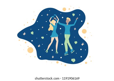 Vector flat figure skating concept. Pair skating ice dance. 