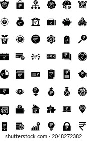 Vector flat filled icons of symbols having Indian Rupee including finance, banking, and commerce