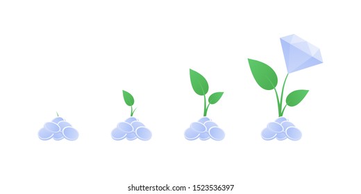 Vector flat finance business illustration. Growing money tree with diamond. Concept of growth and investment. Design element for background, banner, poster, infographics
