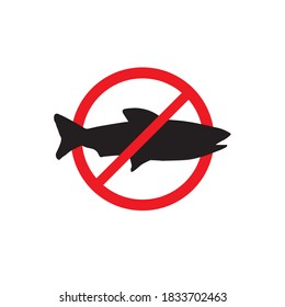 Vector flat fish silhouette crossed in red circle. no fishing sign isolated on white background