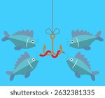 vector flat fishing icon with hook, bait and hungry fishes
