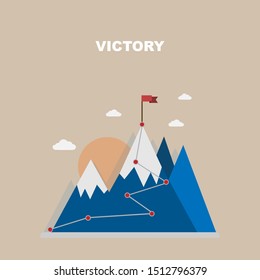 Vector flat flag on blue mountains and sundown. The victory of success. Goal achievement. Business concept. Winning of competition design.