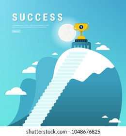 Vector flat flag on mountain. Success illustration. Goal achievement. Business concept. Winning of competition or triumph design. our mission brochure title page template vector illustration