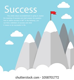 Vector flat flag on mountain. Success illustration. Goal achievement. Business concept. Winning of competition or triumph design. our mission brochure title page template vector illustration