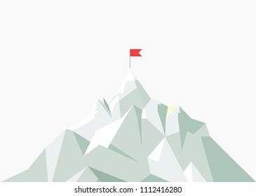 Vector flat flag on mountain. Low poly design. Success illustration. Goal achievement. Business concept. Winning of competition or triumph.