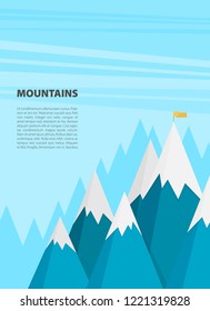 Vector flat flag on mountain. Success illustration. Goal achievement. Business concept.